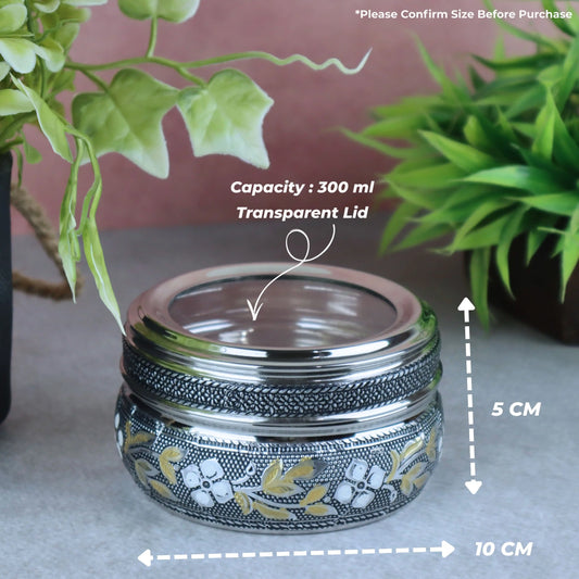 Steel Container with Transparent Lid Kitchen Storage Tiffin Box Puri/Poori Box/Dabri | See Thru Oxidized Meenakari Snack Box (Silver) | Return Gifts
