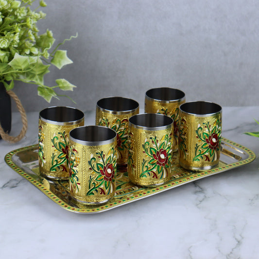 Lemon Set | Peacock & Flower Meenakari Glass Tray Set | Stainless Steel Water 6 Glasses with 1 Tray