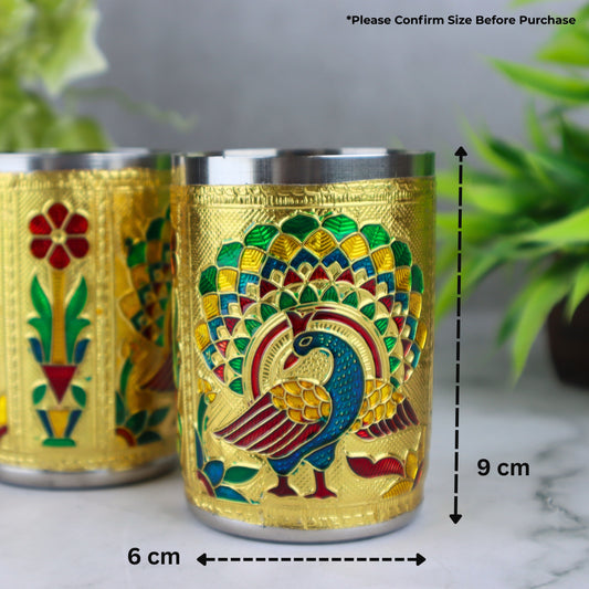 Oxidized Meenakari Steel Glasses Set of 2 | Peacock & Flower Design Drinking Glass Set