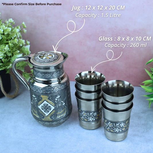 Stainless Steel Jug Glass Set – Silver Oxidized Meenakari Lemon Set for Water Serving | Ideal Return Gift