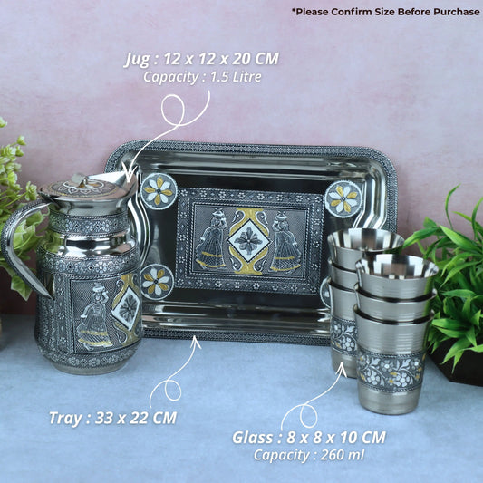 Stainless Steel Jug Glass Tray Set – Silver Oxidized Meenakari Lemon Set for Water Serving | Ideal Return Gift