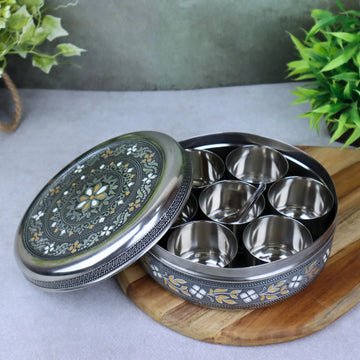 Stainless Steel Masala Dani / Spice Box – 7 in 1 Meenakari Masala Dabba Organiser with 7 Containers & Spoon | Return Gift