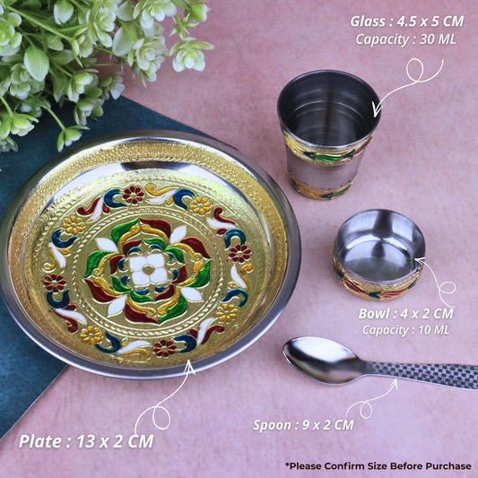 Laddu Gopal Bhog Thali Set | Stainless Steel Meenakari Pooja Set with Bowl, Glass & Spoon | Return Gift