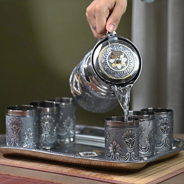 Glass Jug Set with Serving Tray | Stainless Steel Water Jug with 6 Glasses