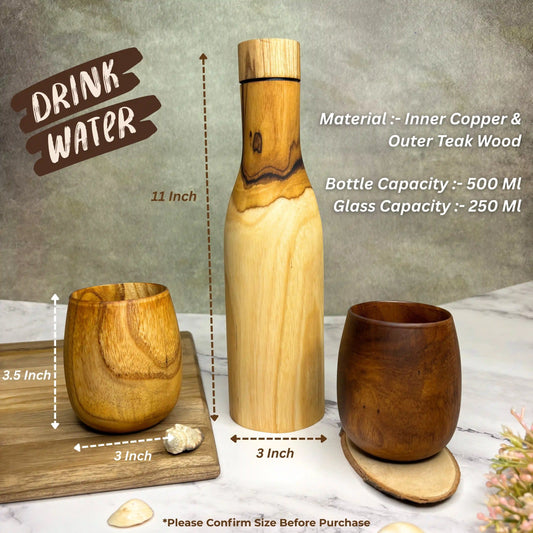 Water Bottle Glass Set | Wooden Copper Lined Bottle with 2 Wooden Glasses