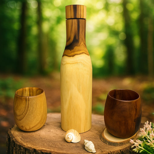 Water Bottle Glass Set | Wooden Copper Lined Bottle with 2 Wooden Glasses
