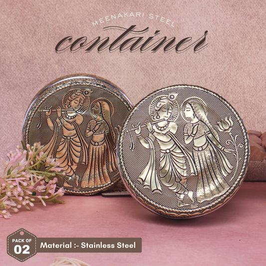 RadhaKrishan Meenakari Steel Box Container | Decorative Dry Fruit, Mithai, Chocolate & Gift Container | Handmade Indian Gifting Box for Return Gifts, Diwali, Weddings (Pack Of 2)