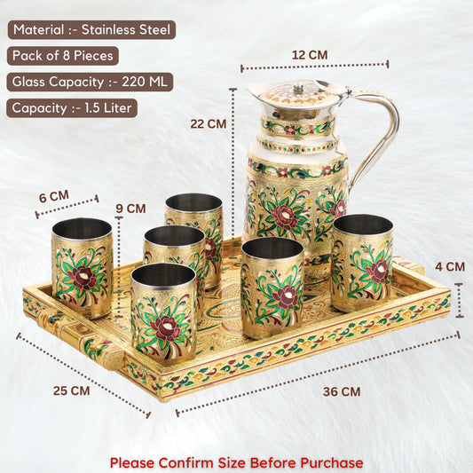 Meenakari Flower Lemon Set Steel | Glass Jug & Tray Serving Set