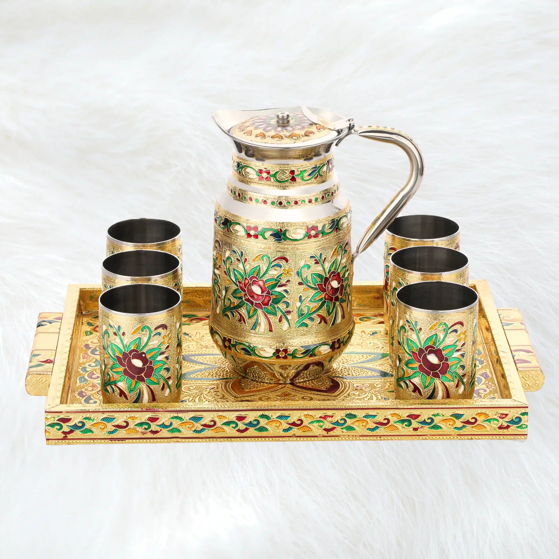 Meenakari Flower Lemon Set Steel | Glass Jug & Tray Serving Set