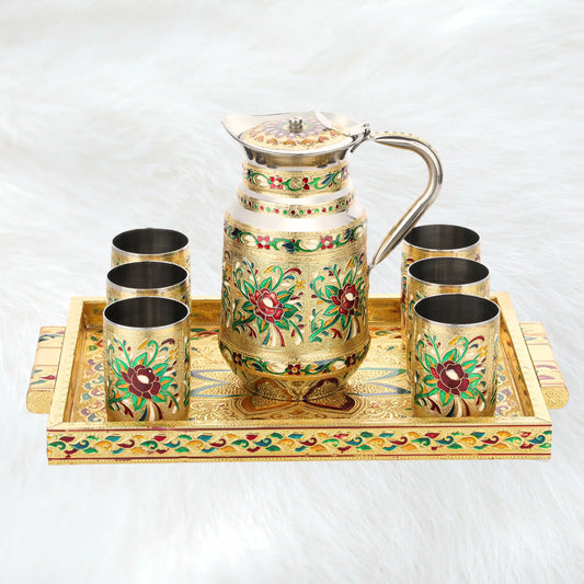 Meenakari Flower Lemon Set Steel | Glass Jug & Tray Serving Set