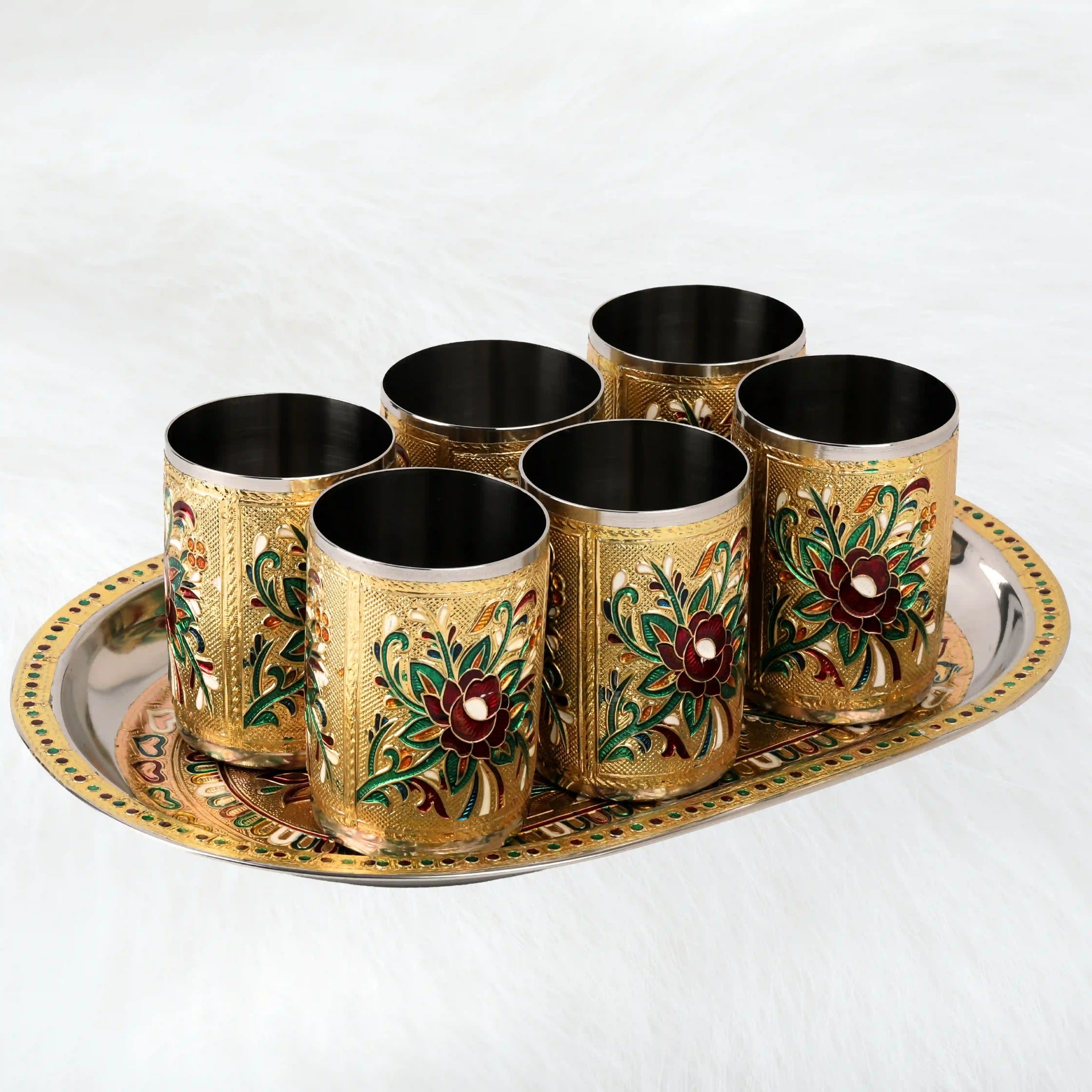 Glass Tray Set Steel Serving Set | Meenakari Glass Tray for Water & Juice
