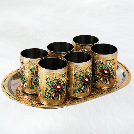 Glass Tray Set Steel Serving Set | Meenakari Glass Tray for Water & Juice