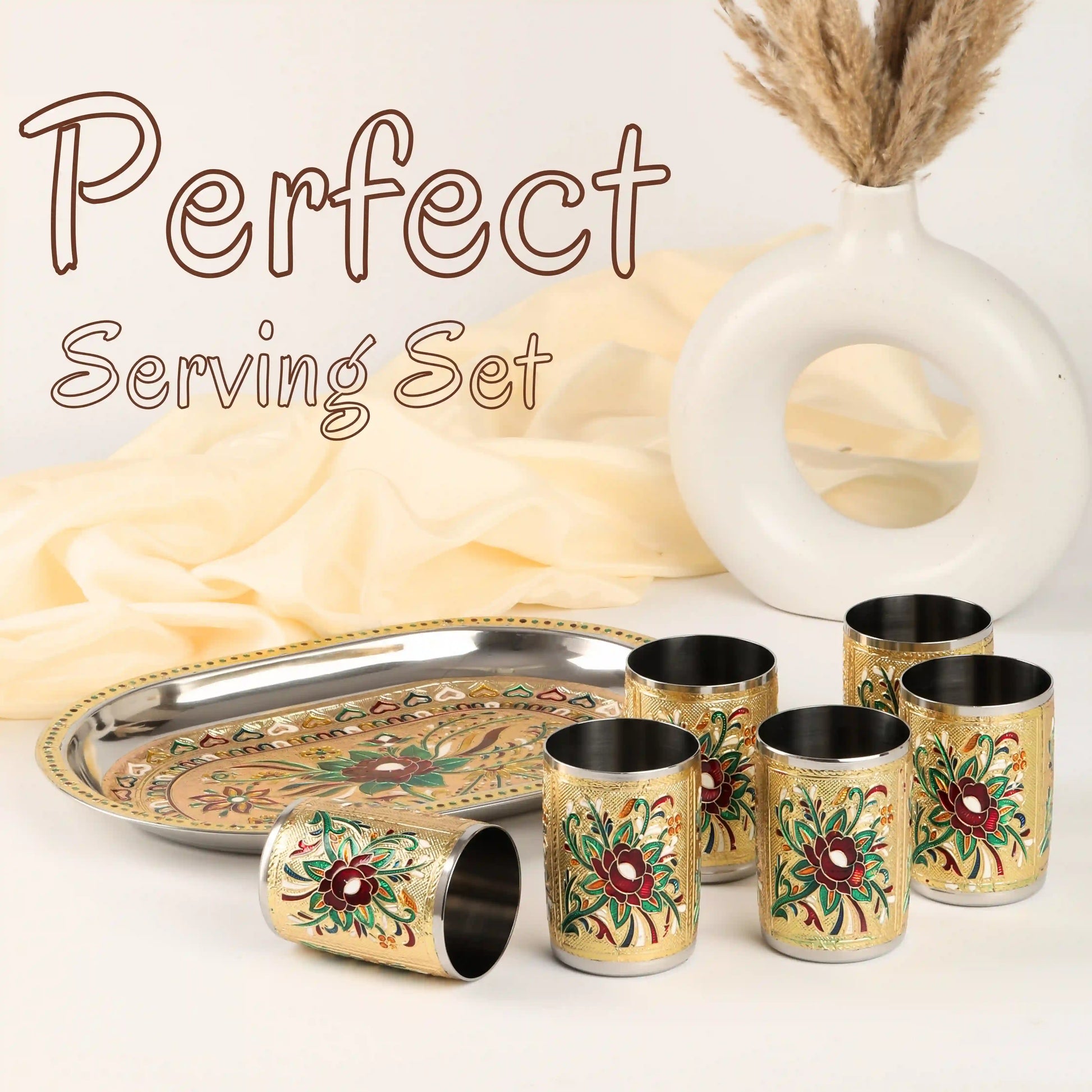 Glass Tray Set Steel Serving Set | Meenakari Glass Tray for Water & Juice