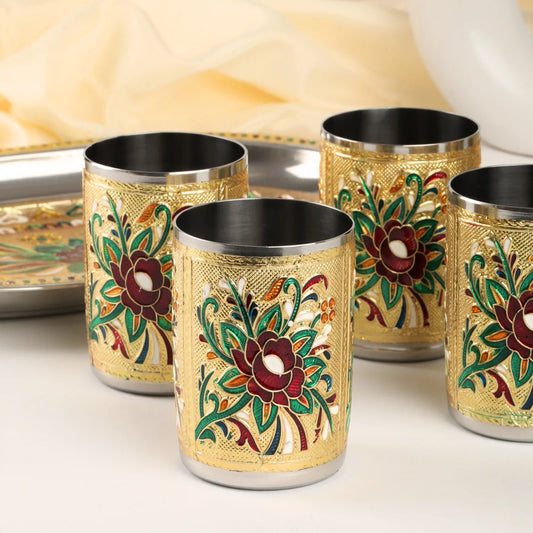 Glass Tray Set Steel Serving Set | Meenakari Glass Tray for Water & Juice