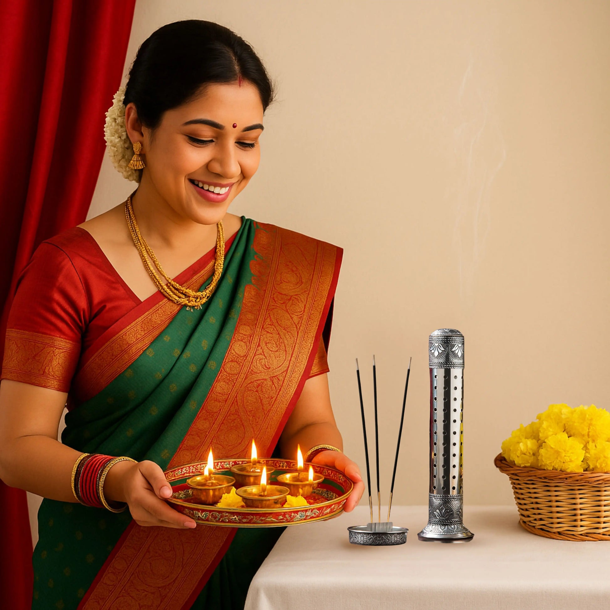 Incense Stick Holder & Storage Box Combo | Handmade Stainless Steel Pooja Set