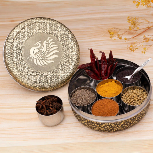 Condiment Caddy Steel Spice Set | Oxidized Masala Box for Kitchen & Dining