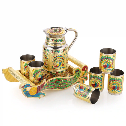 Serving Jug Glass Tray Set | Steel Drinkware Set for Home & Gifting