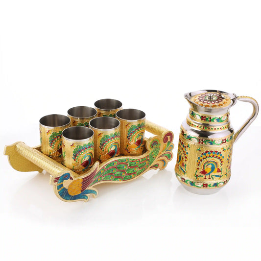 Serving Jug Glass Tray Set | Steel Drinkware Set for Home & Gifting