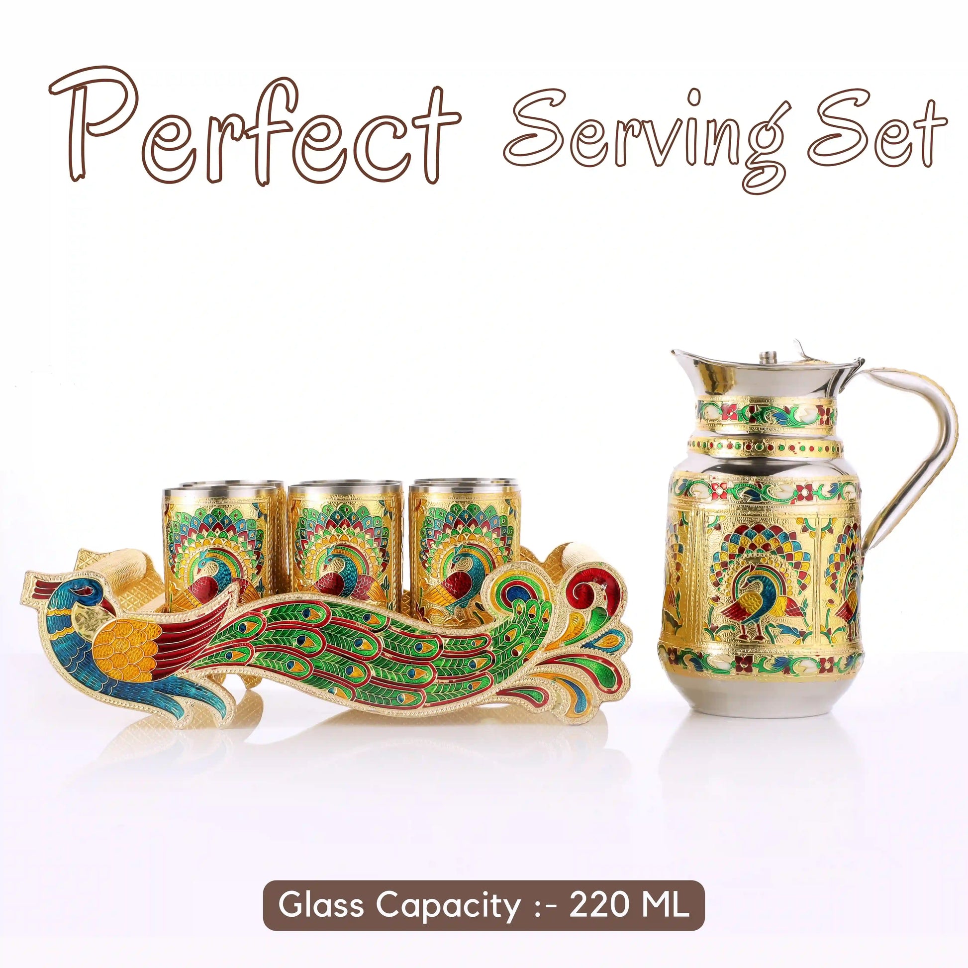 Serving Jug Glass Tray Set | Steel Drinkware Set for Home & Gifting