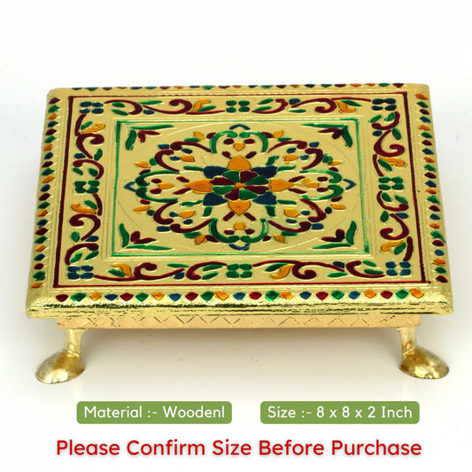 Wooden Pooja Chowki Bajot 8x8 | Traditional Handcrafted Mandir Chowki for Pooja