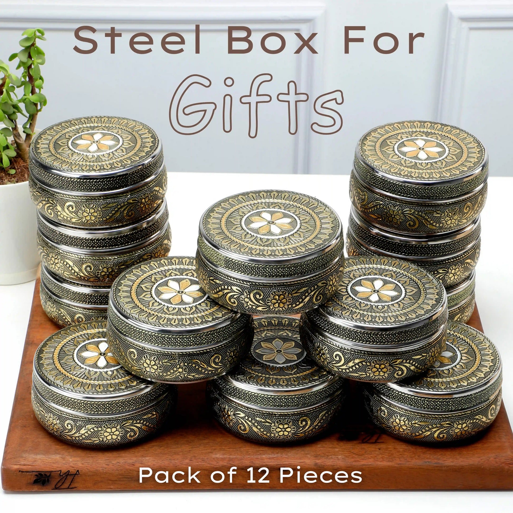 Meenakari Steel Utility Container 300 ml Pack of 12 | Kitchen Storage Boxes