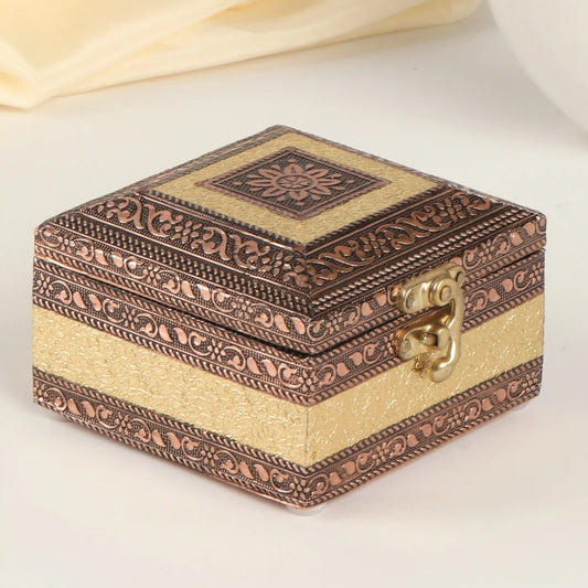Wooden Jewellery Storage Box 4x4 | Golden Trinket Vanity Box for Women
