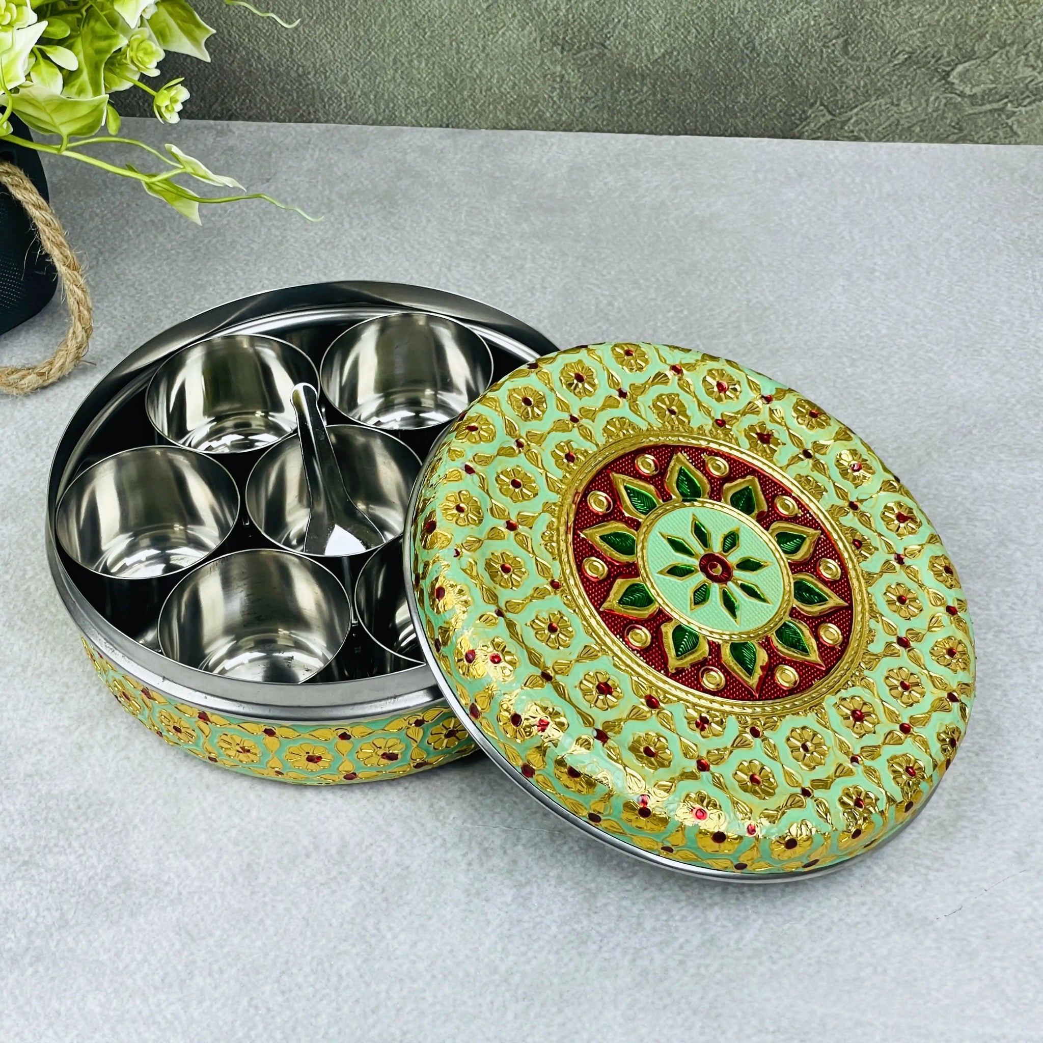 Pista Green Meenakari Spice Box | Stainless Steel Masala Dabba with 7 Bowls & Spoon