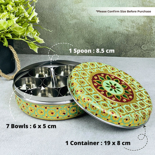 Pista Green Meenakari Spice Box | Stainless Steel Masala Dabba with 7 Bowls & Spoon