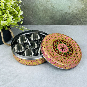 Pink Meenakari Spice Box | Stainless Steel Masala Container with 7 Bowls & Spoon