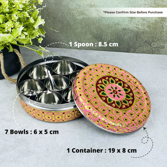 Pink Meenakari Spice Box | Stainless Steel Masala Container with 7 Bowls & Spoon