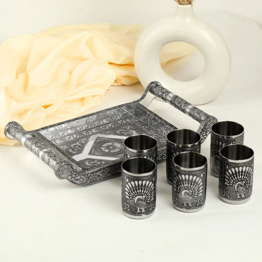 Oxidized Wooden Serving Tray | Handcrafted Glass Tray for Snacks & Drinks