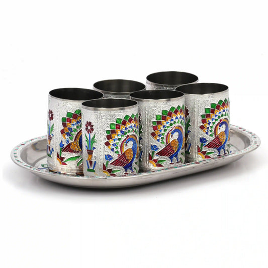 Glass Tray Set Stainless Steel | Serving Tray for Drinks & Snacks