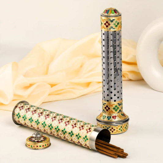 Meenakari Steel Incense Sticks Stand & Storage box | Agarbatti Holder for Pooja & Gifts