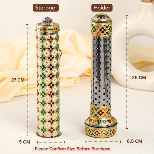 Meenakari Steel Incense Sticks Stand & Storage box | Agarbatti Holder for Pooja & Gifts