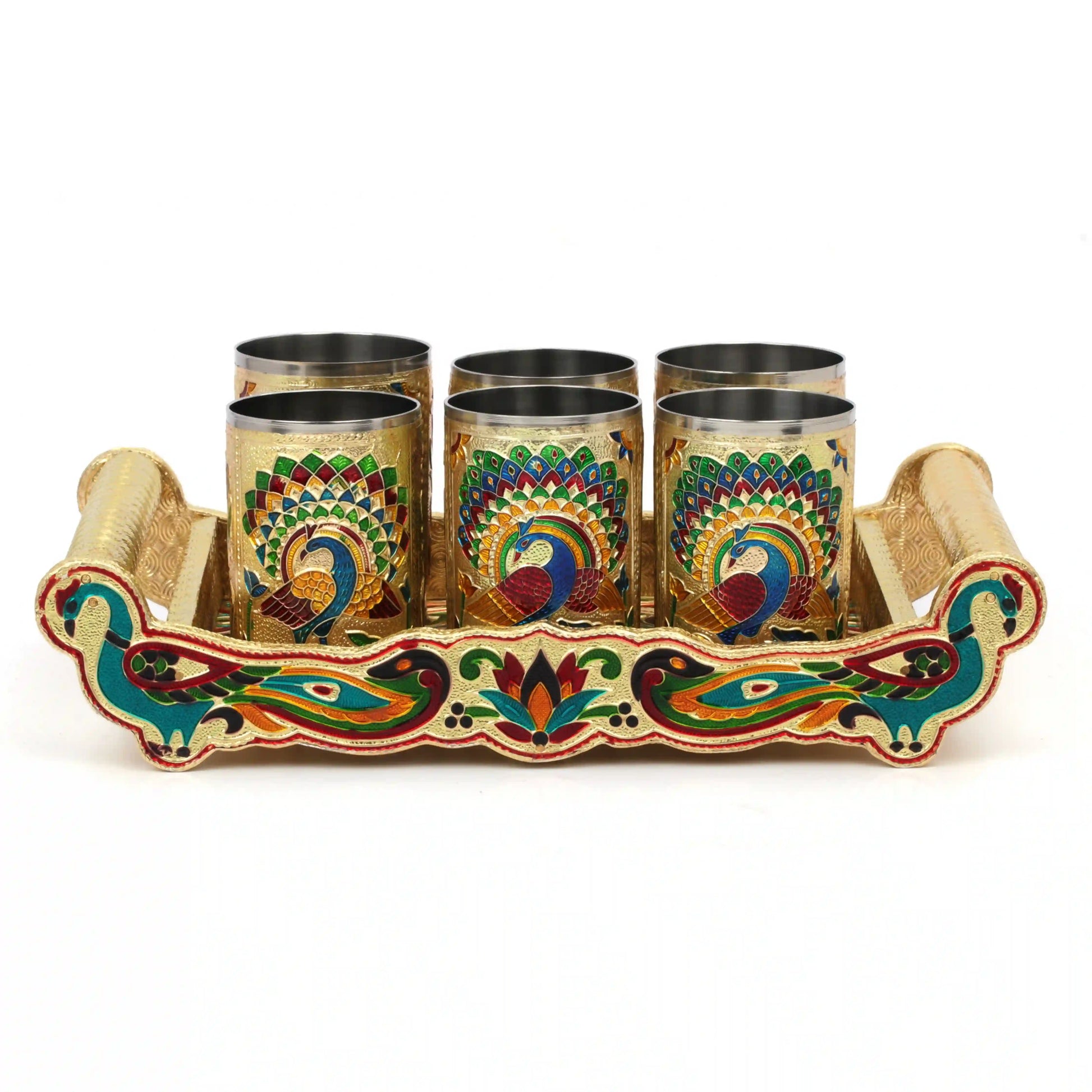 Lemon Set Meenakari Tray with Handle | Glass Serving Tray Set for Gifting