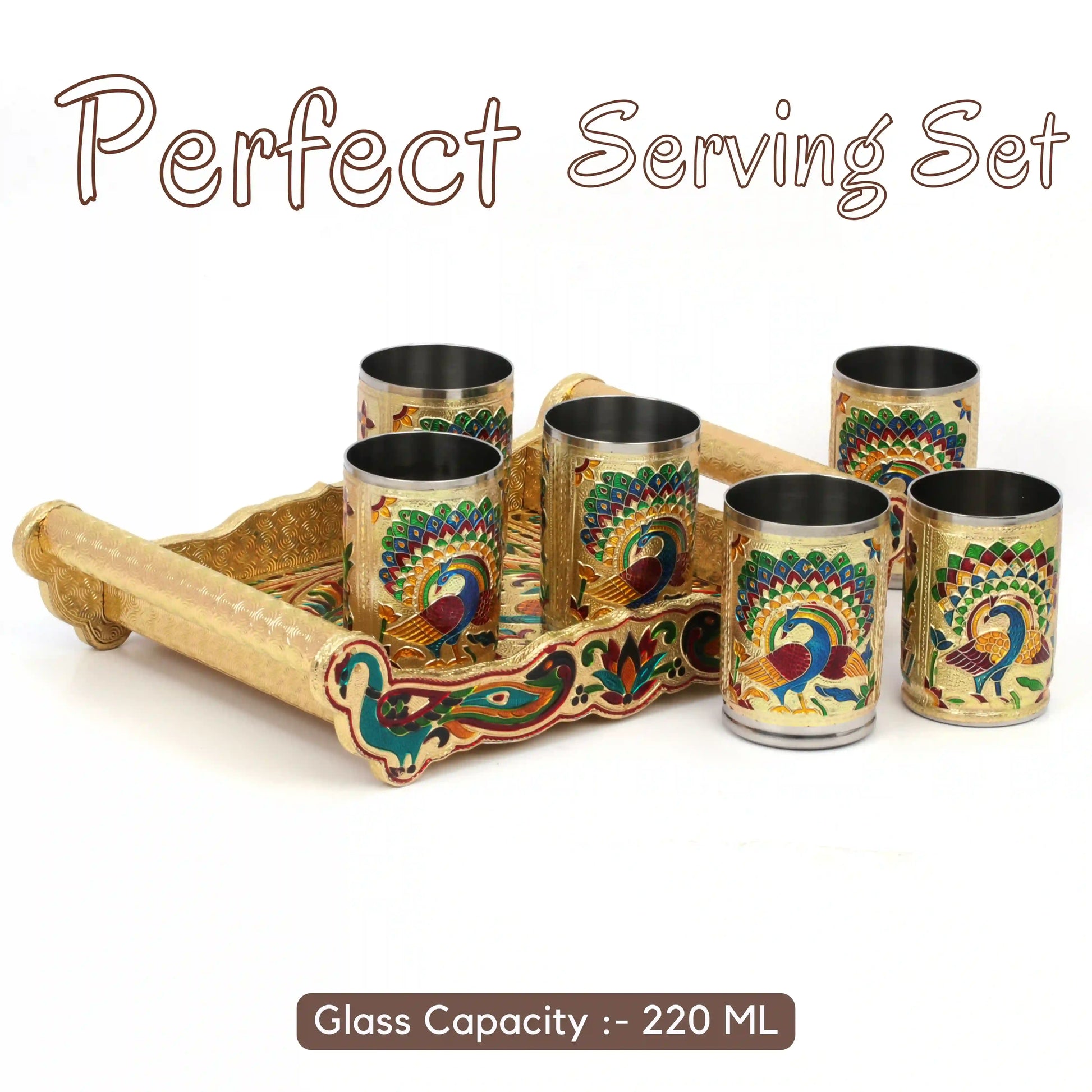 Lemon Set Meenakari Tray with Handle | Glass Serving Tray Set for Gifting