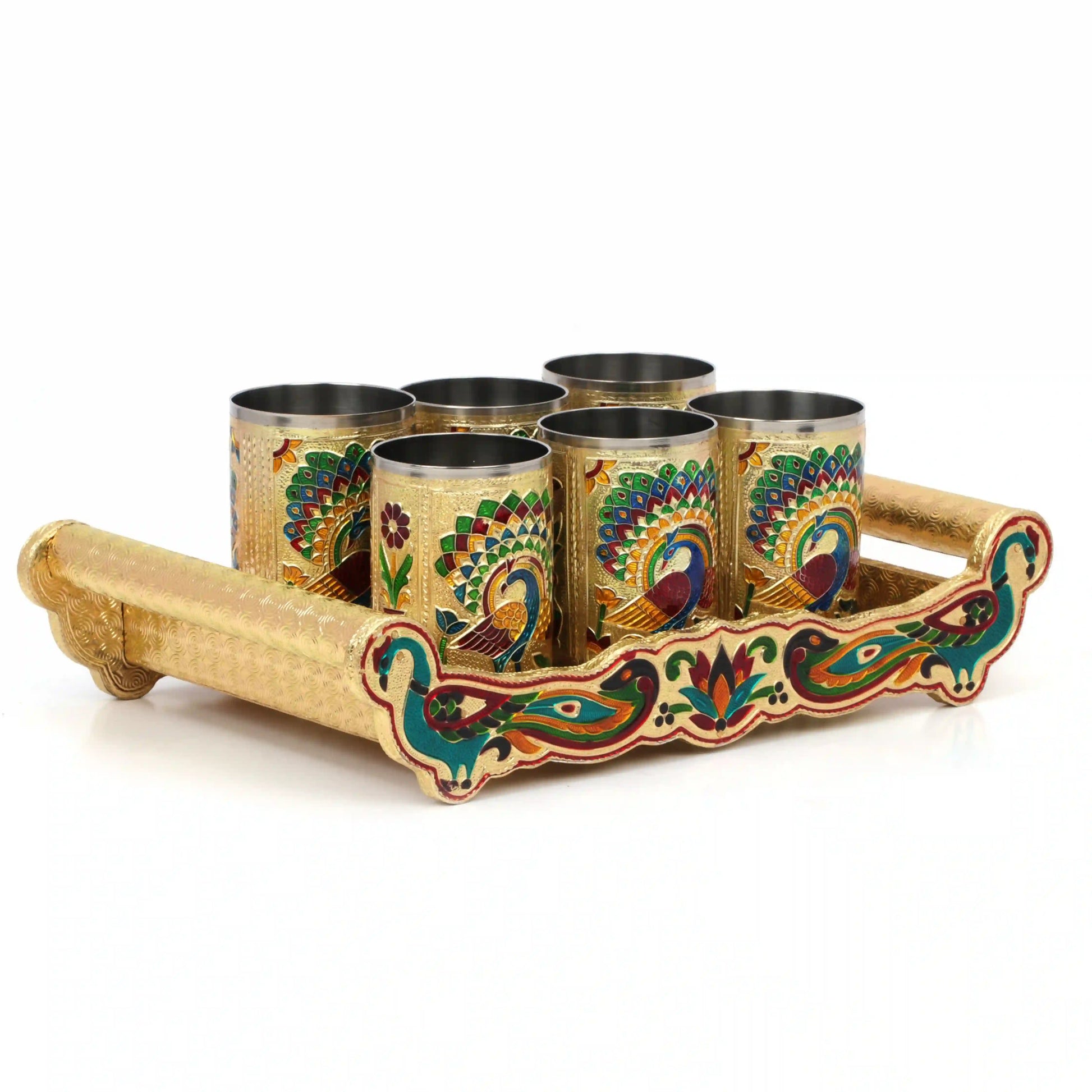 Lemon Set Meenakari Tray with Handle | Glass Serving Tray Set for Gifting
