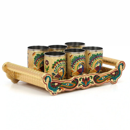 Lemon Set Meenakari Tray with Handle | Glass Serving Tray Set for Gifting