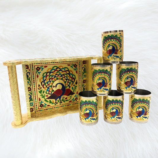 Serving Glass Tray With Handle , Meenakari Tray , Wedding Gift Glass Tray Set