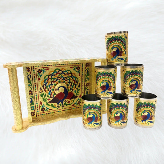 Serving Glass Tray with Handle | Meenakari Wedding Gift Glass Tray Set