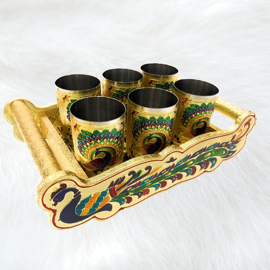 Serving Glass Tray with Handle | Meenakari Wedding Gift Glass Tray Set