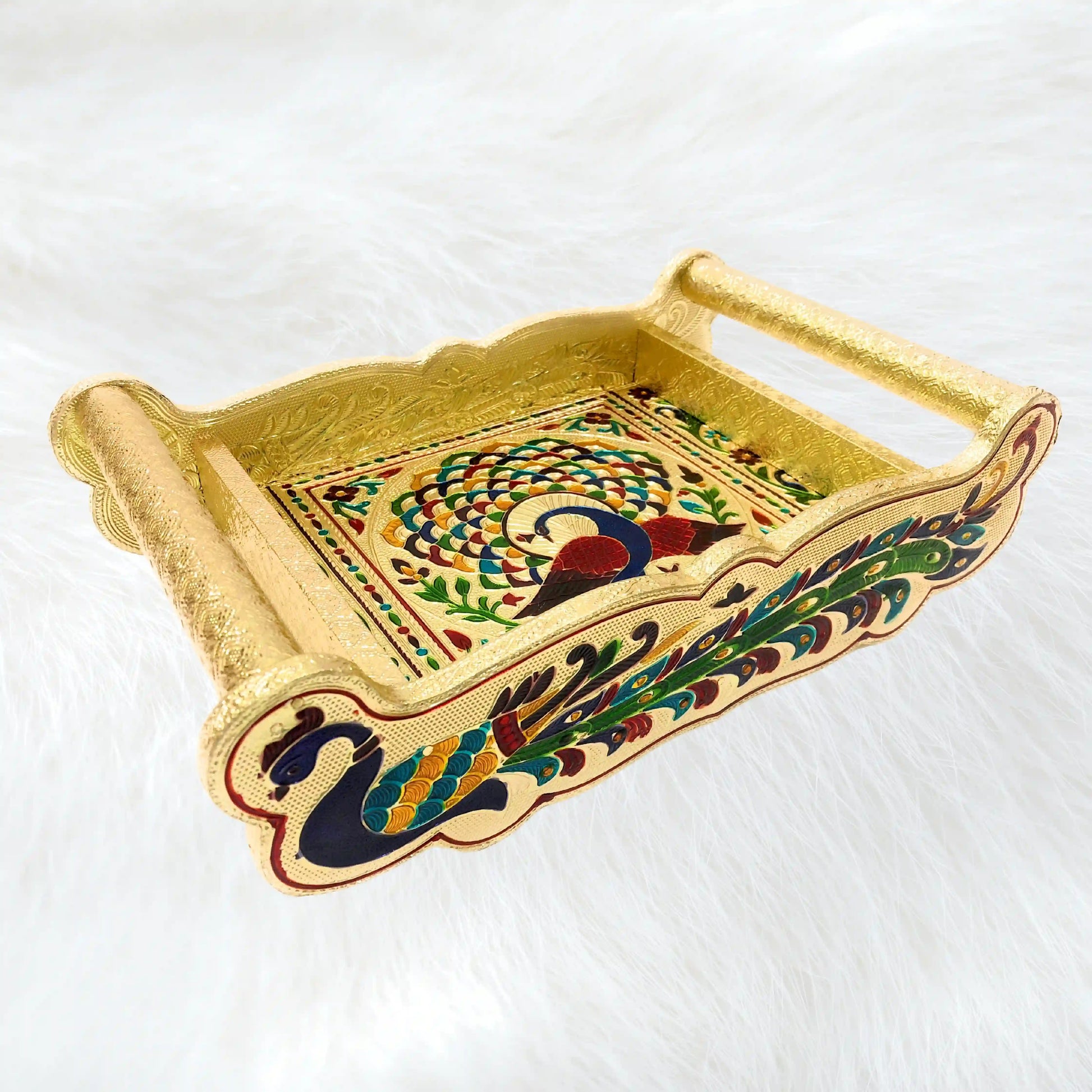 Serving Glass Tray with Handle | Meenakari Wedding Gift Glass Tray Set