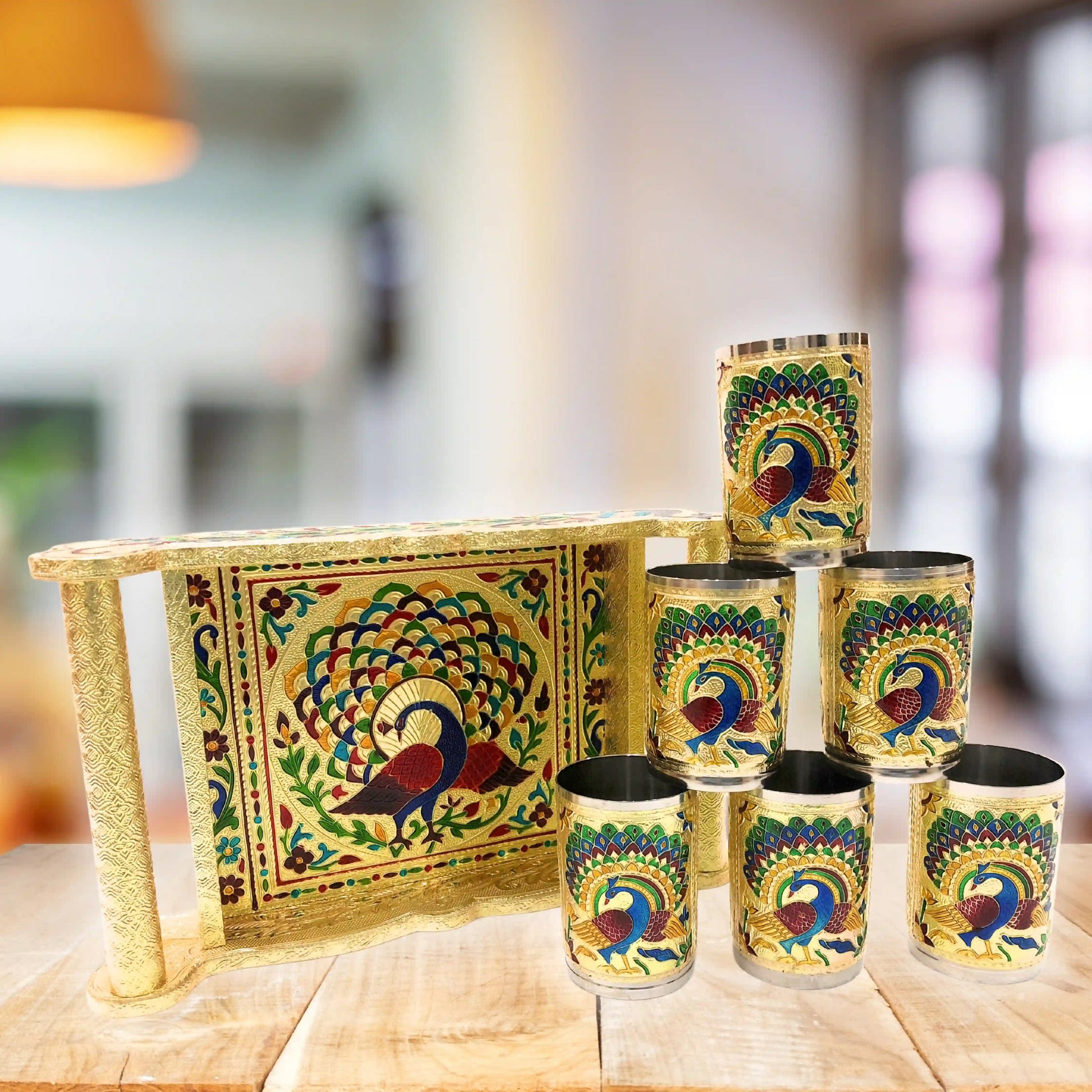 Serving Glass Tray with Handle | Meenakari Wedding Gift Glass Tray Set