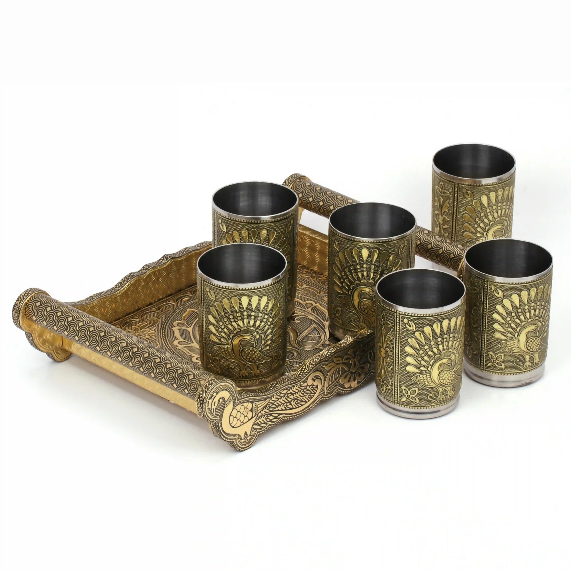 Serving Glass Tray Set Peacock Design | Meenakari Glass Tray with Handle