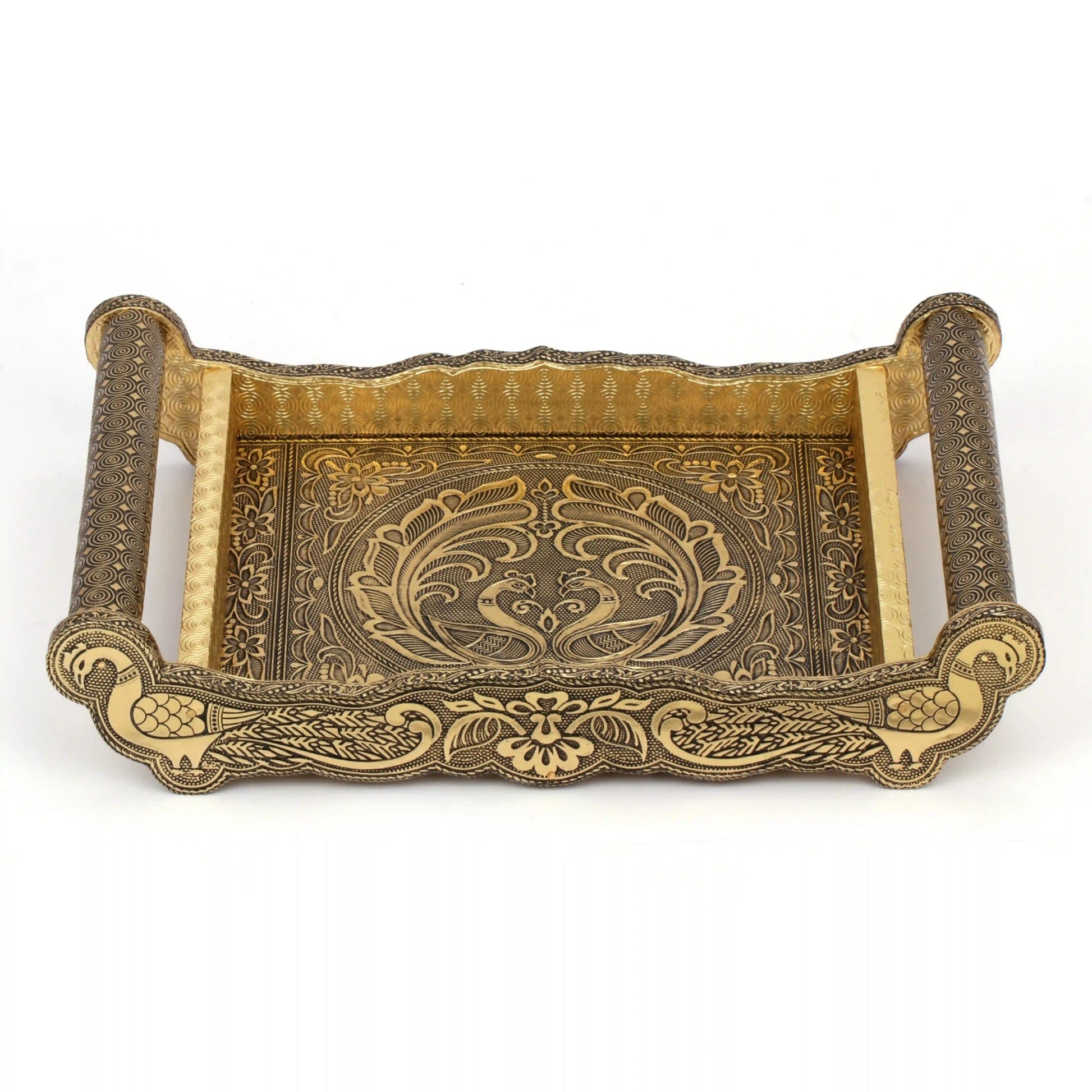 Serving Glass Tray Set Peacock Design | Meenakari Glass Tray with Handle