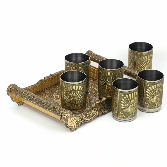 Serving Glass Tray Set Peacock Design | Meenakari Glass Tray with Handle