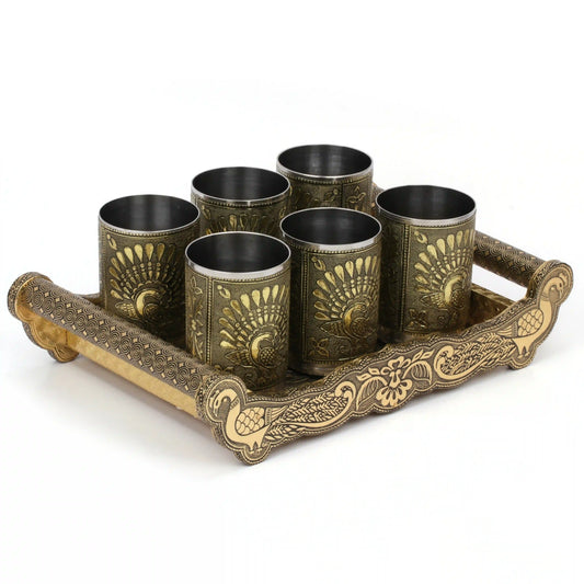 Serving Glass Tray Set Peacock Design | Meenakari Glass Tray with Handle