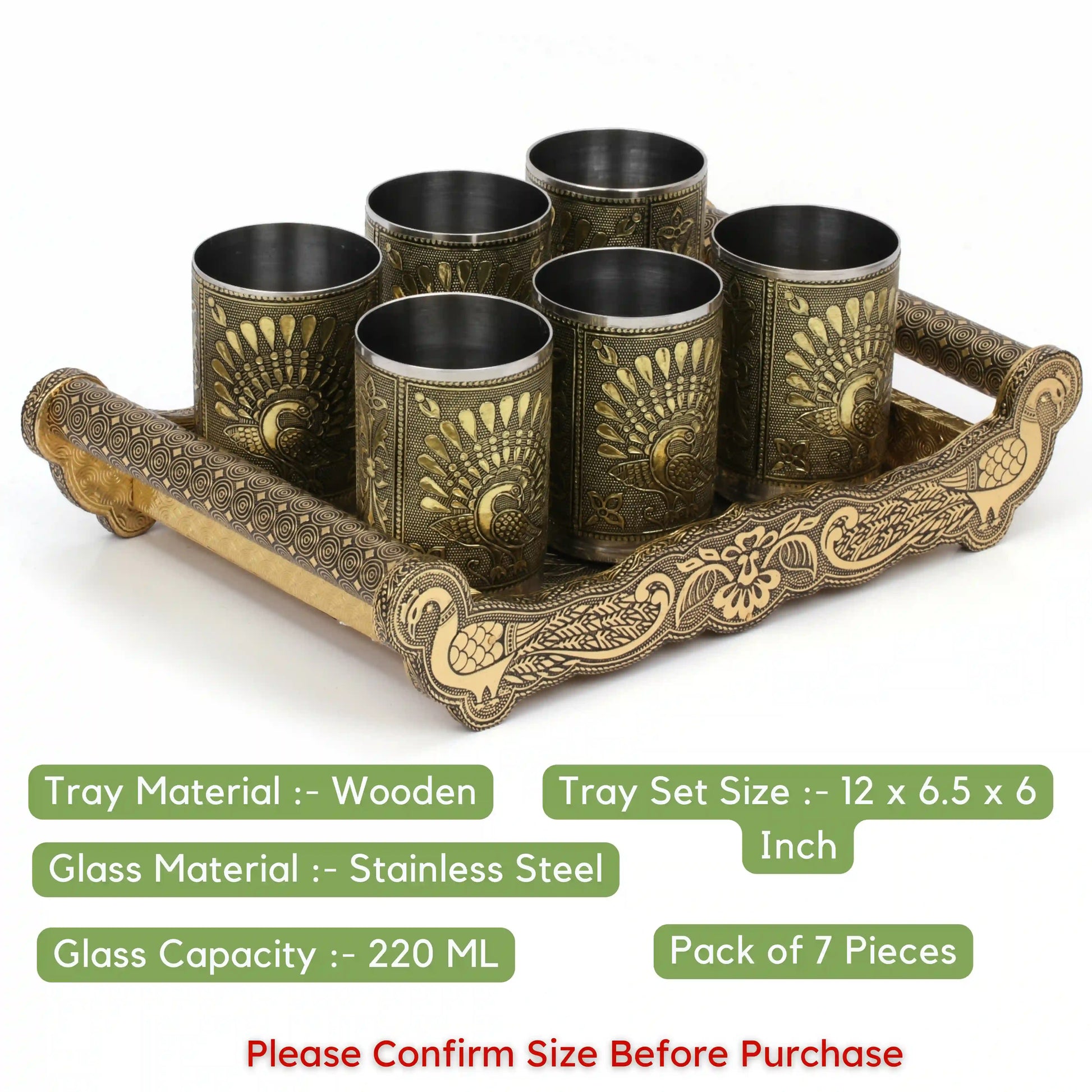 Serving Glass Tray Set Peacock Design | Meenakari Glass Tray with Handle