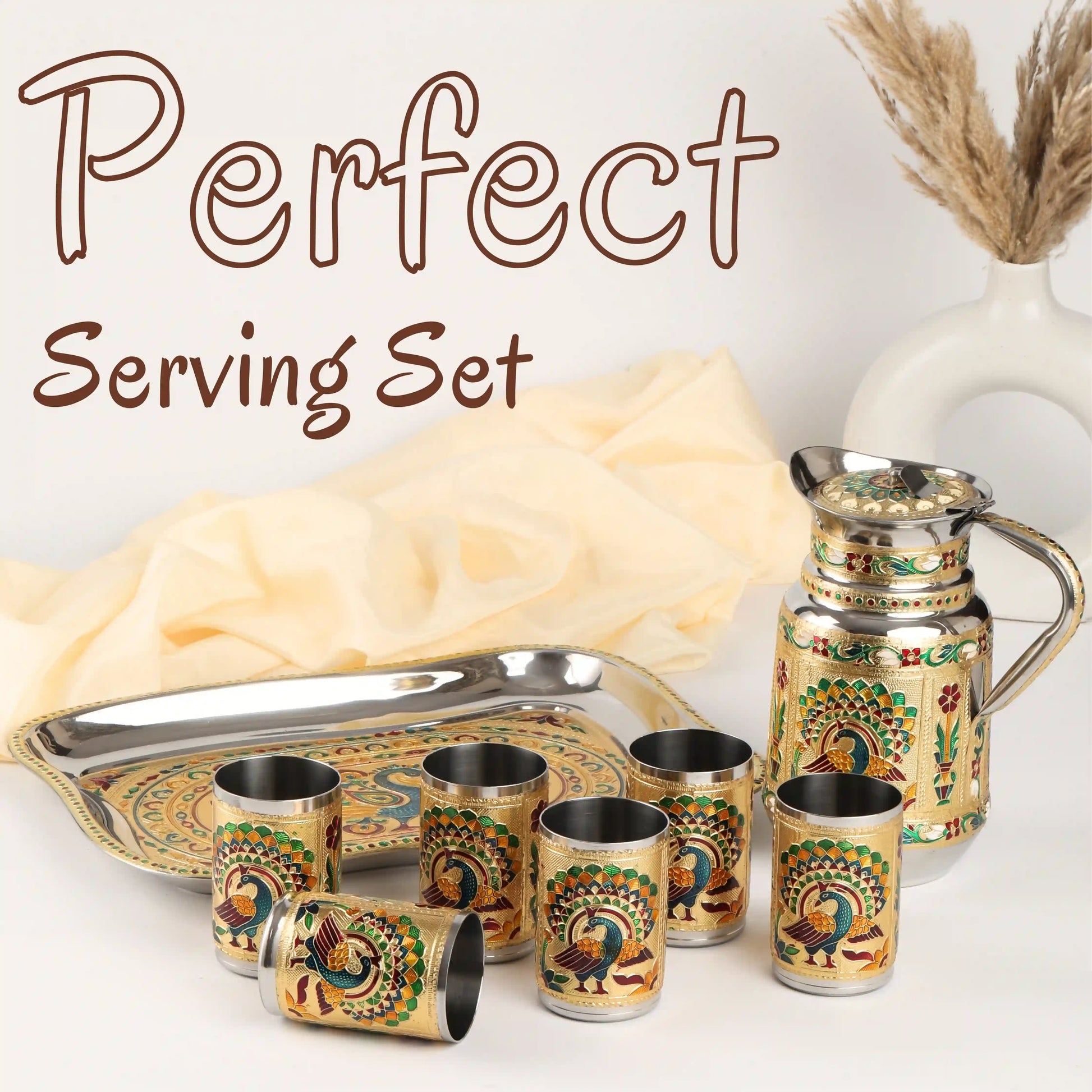 Lemon Set Steel Jug Glass Tray Set | Serving Set for Drinks