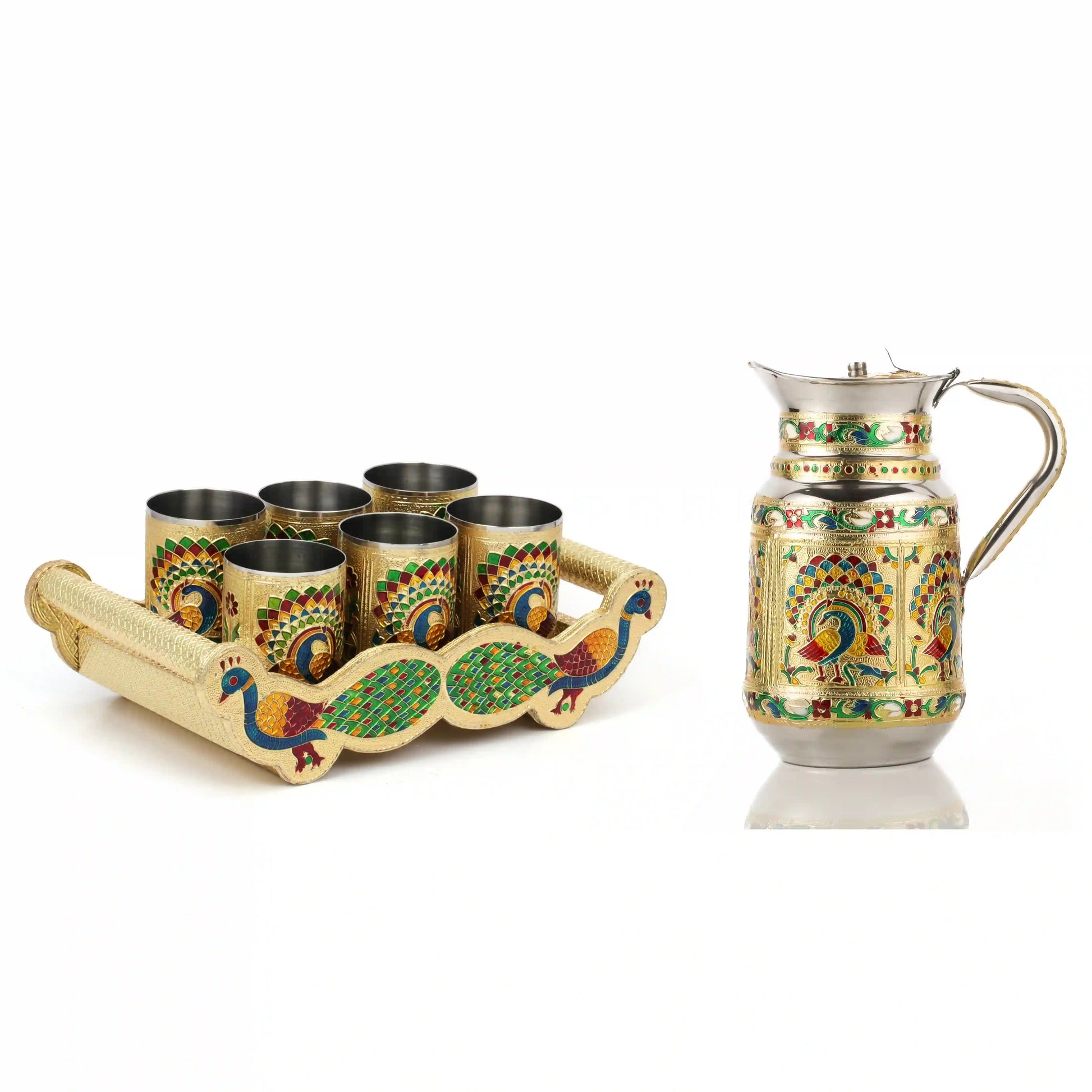 Golden Meenakari Serving Set | 6 Glass Tray with 1.5 L Jug Steel Drinkware